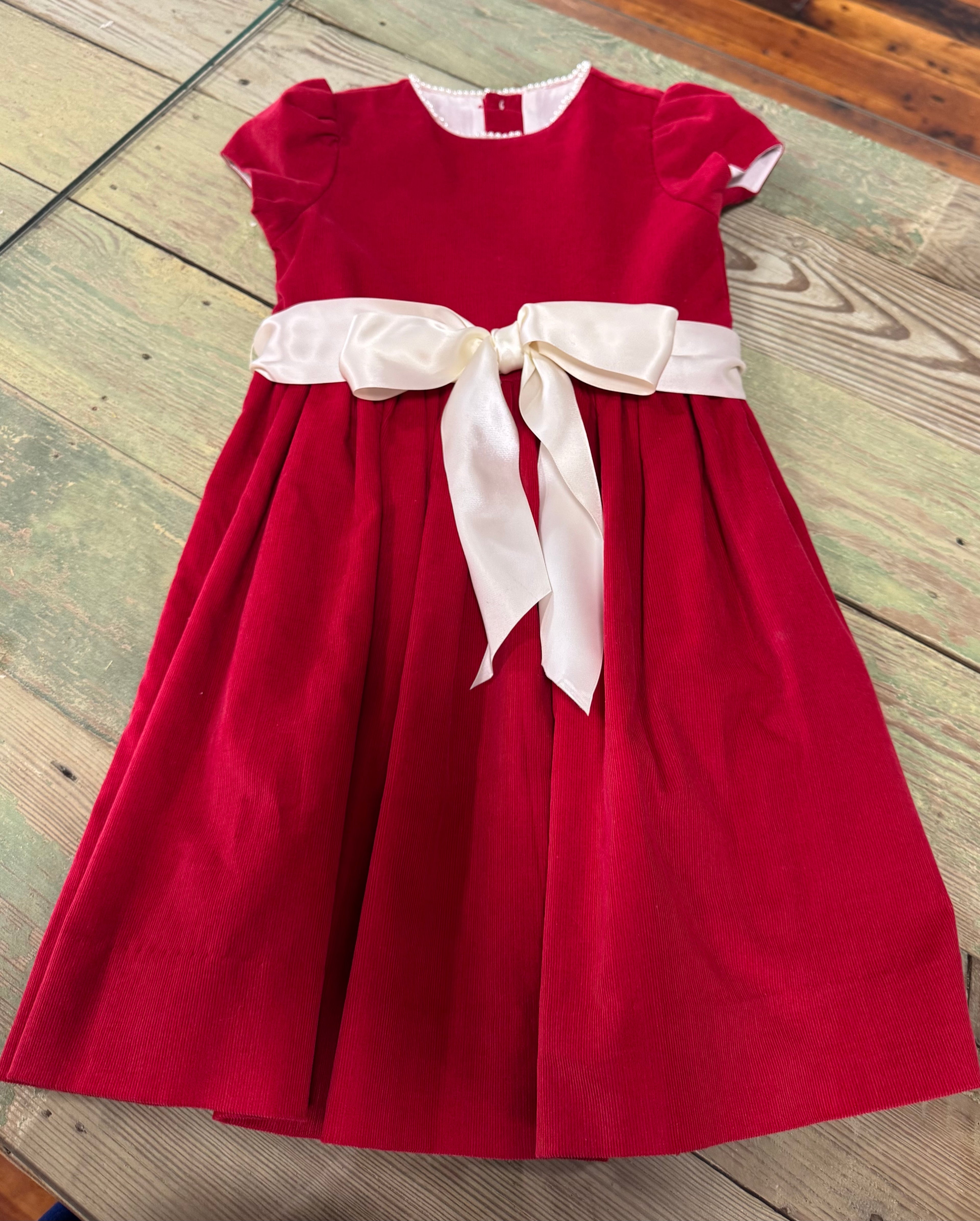 Dress Corduroy SS Red Pearl Neck Sash - 5