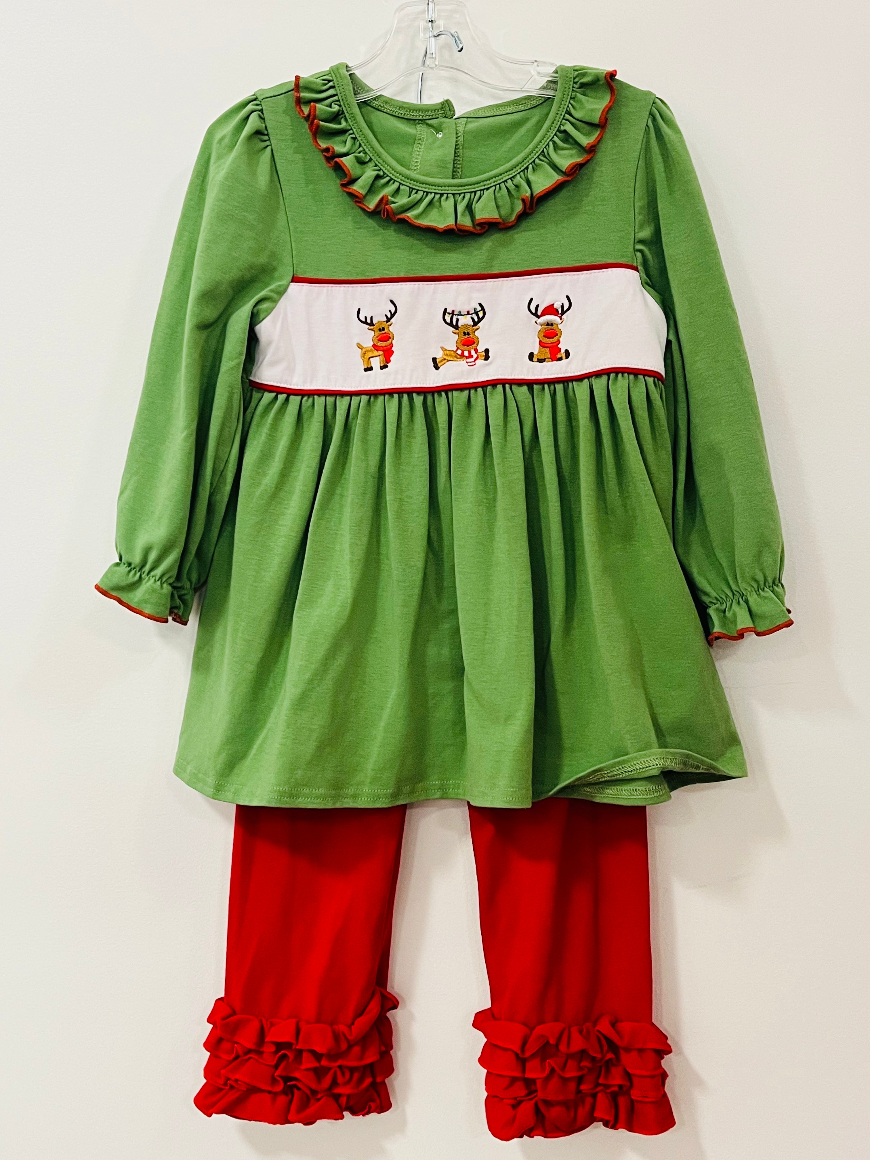 Pant Set Green Knit Reindeer - 4T
