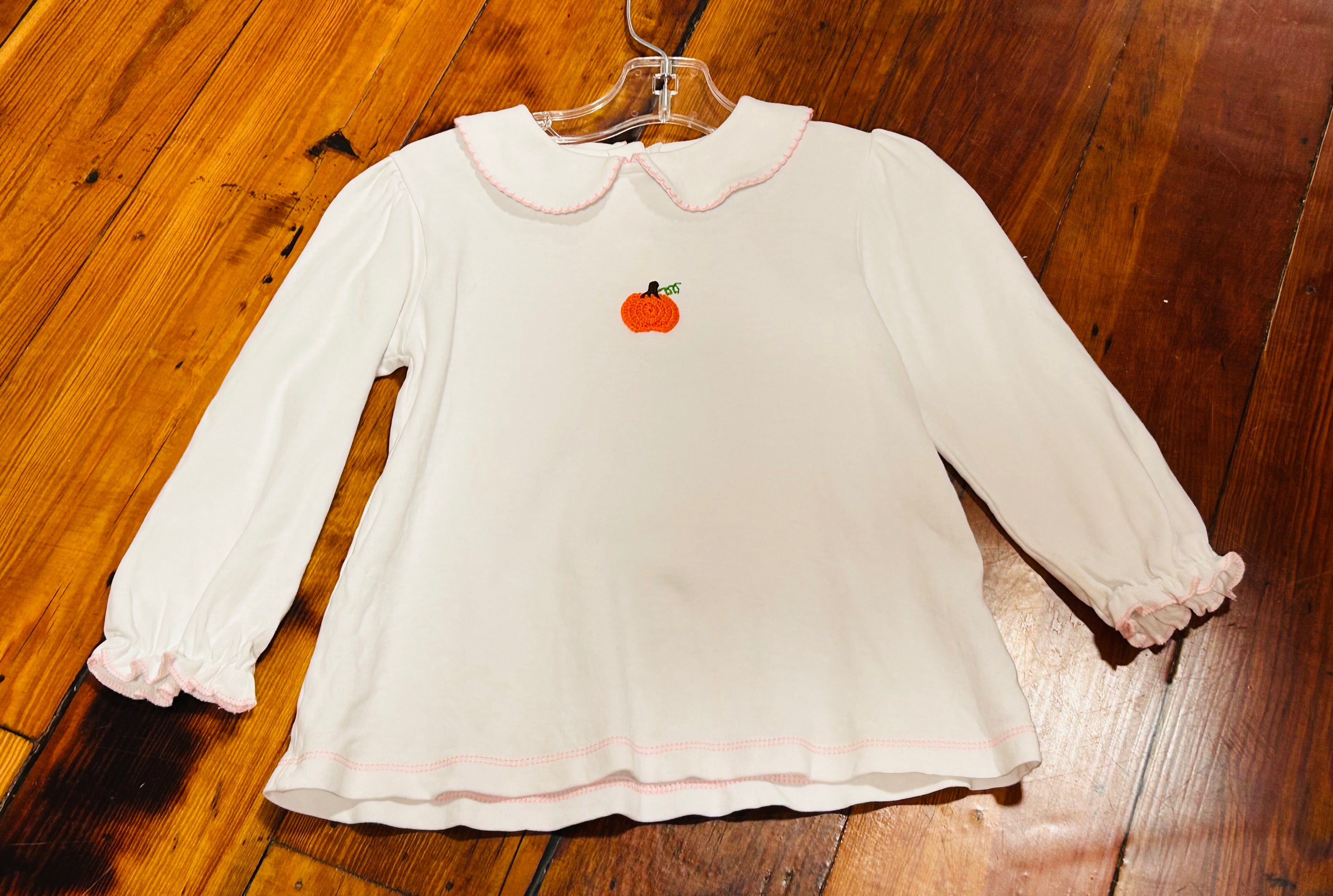 Tee LS Pink Trim Pumpkin Embroidery - 4T