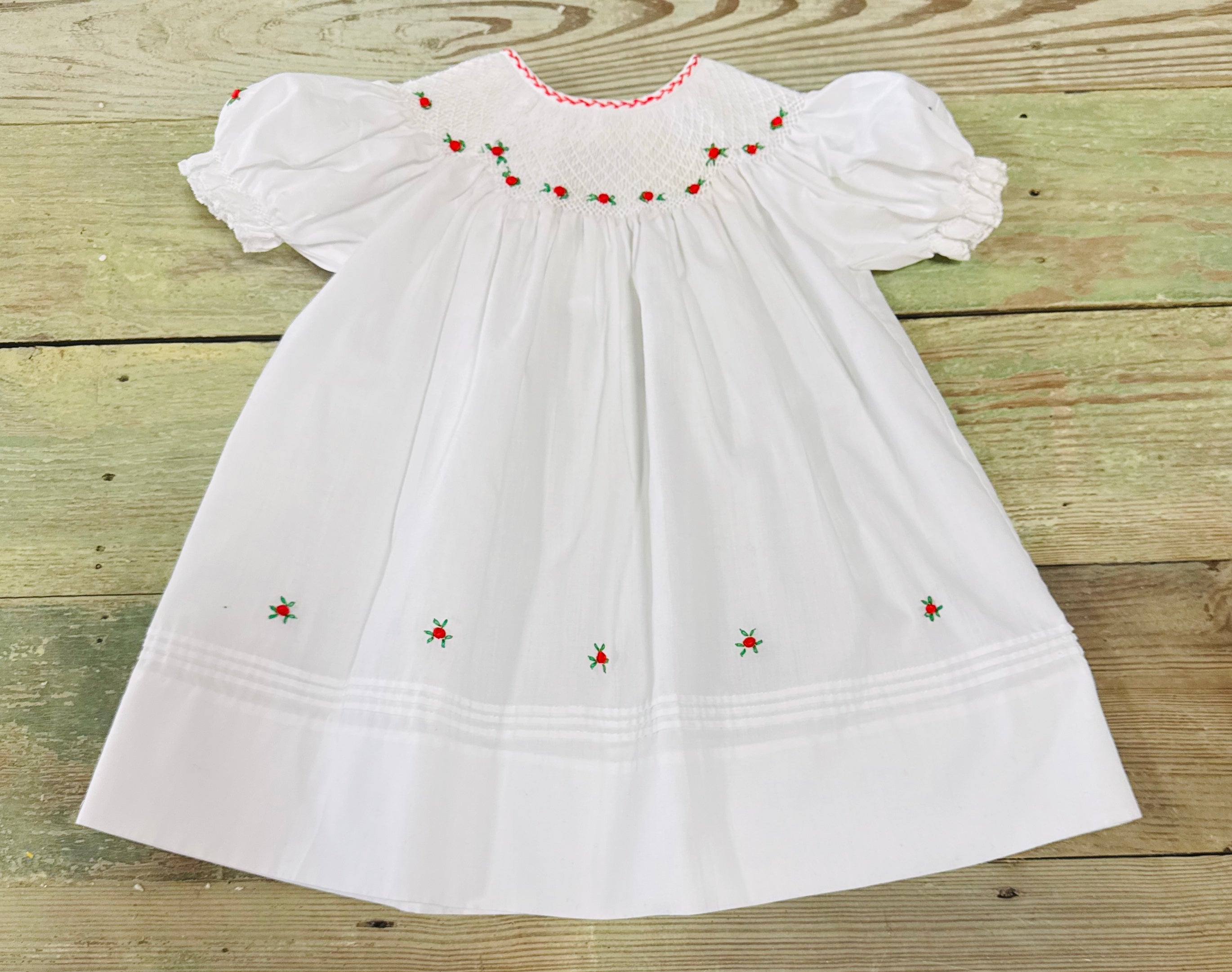 Dress White Smocked Red Roses - 3mo